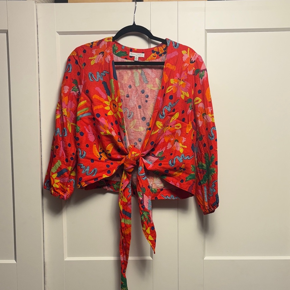 Vibrant Floral Tie-Front Blouse - Multicolor